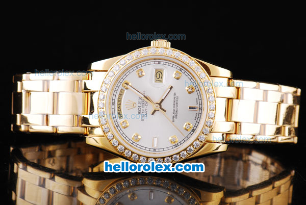 Rolex Day-Date Oyster Perpetual Automatic Full Gold with Diamond Bezel and White Dial - Click Image to Close